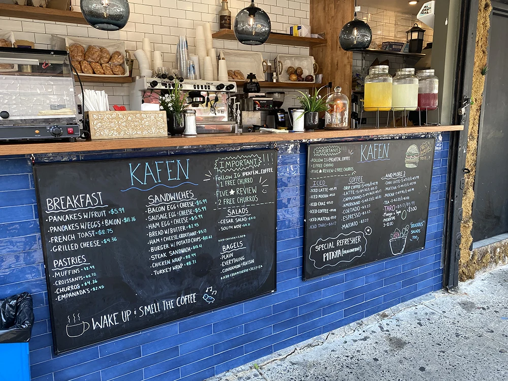 The menu at Kafen features breakfast and coffee and snacks